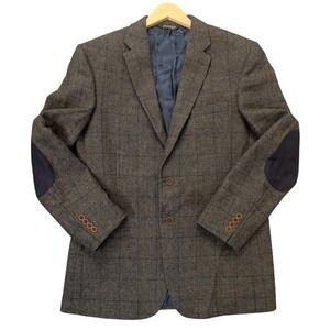 JOS A BANK Mens Wool Plaid Blazer Sport Coat Elbow Patches Tailored Fit 44L Gray
